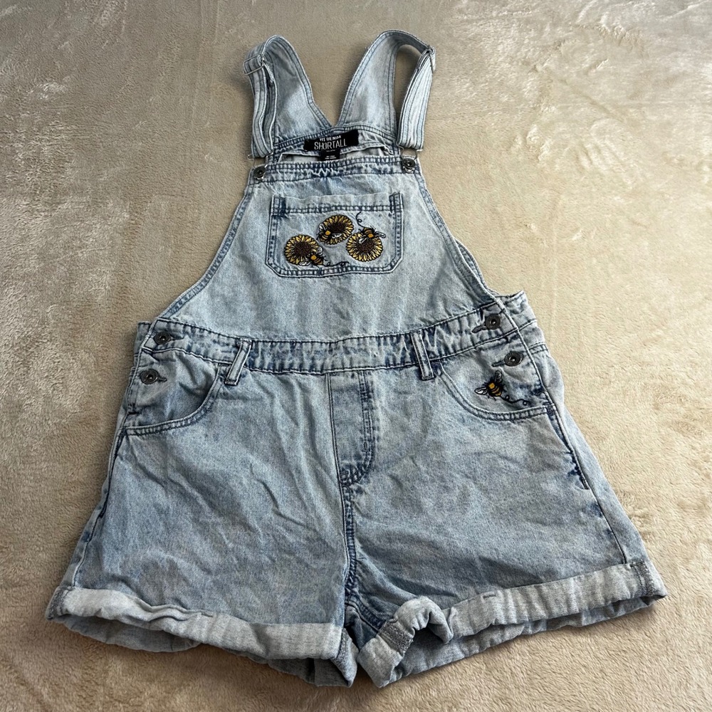 HT Denim Shortalls Women Small Light Wash Sunflower Bee Embroidered Overalls - Picture 2 of 7